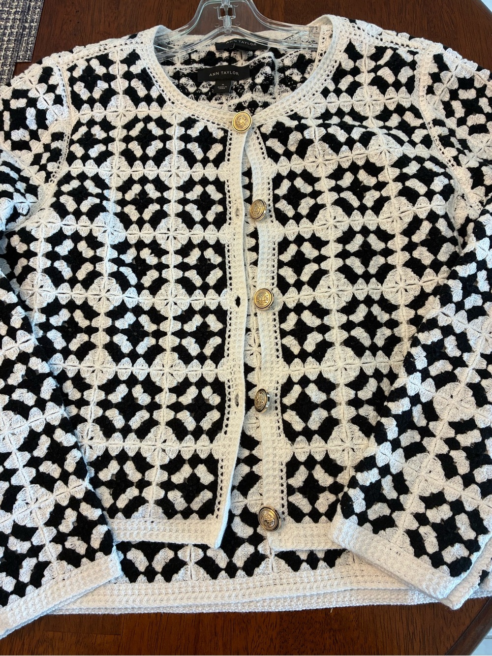 New Ann Taylor Black and White Crochet Square-Pattern Cardigan with Gold Buttons